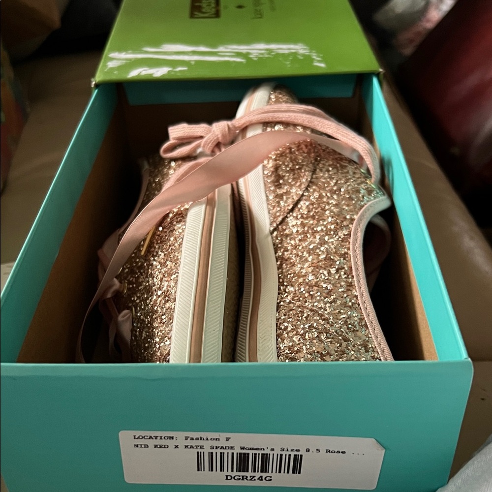 kate spade Rose Gold Glitter Sneakers with Pink Ribbon Laces